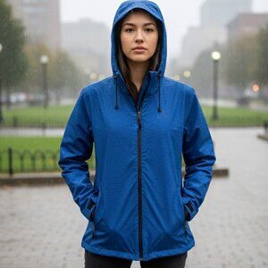 32 DEGREES COOL lightweight breathable lined hooded rain coat, blue, sz L EUC.